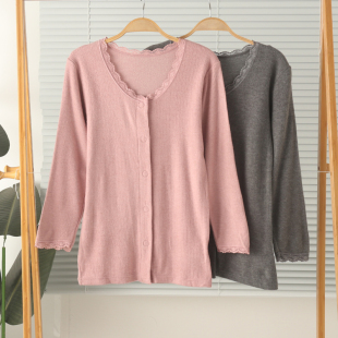 外贸女薄绒摇粒绒加绒抓绒9分袖圆领开衫家居服上衣睡衣保暖冬