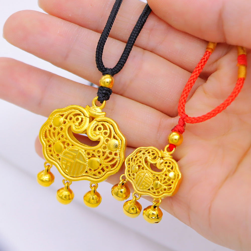 红绳金锁吊坠编绳仿真黄金999镀金宝宝婴儿长命锁沙金平安锁项链