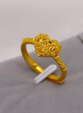 轻奢超闪拉丝缕空爱心小方糖戒指999黄金色轻奢高级感时尚食指戒