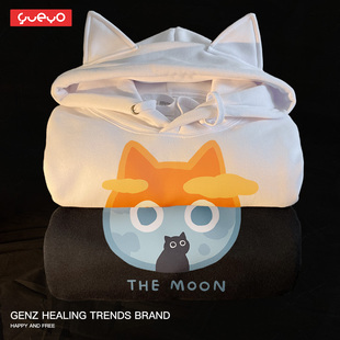 「情人节」悦游猫耳卫衣moon&sun黑猫情侣装 宽松情侣连帽卫衣可爱