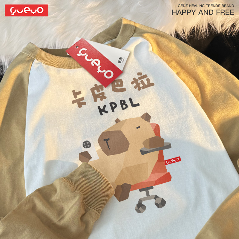 悦游 MBTI卡皮巴拉 原创透气休闲纯棉宽松插肩袖拼色长袖T恤男