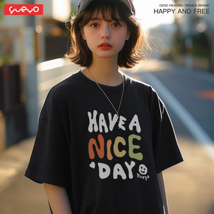 nice day 字母夏季 t恤男宽松纯棉潮牌情侣黑色 悦游 短袖 have