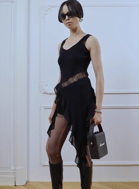 Profi11zero2025雪纺荷叶边针织背心镂空蕾丝黑色小众设计师品牌