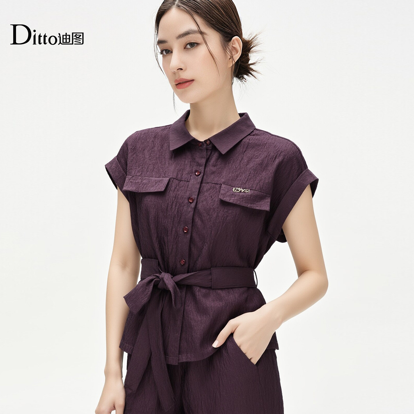 迪图醋酸衬衫阔腿裤两件套女2026夏季时髦洋气御姐范职业通勤套装