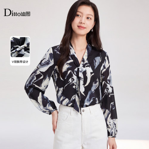 ditto时尚女士衬衫女秋长袖V领
