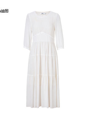 Ditto/迪图2025秋季新款优雅圆领连衣裙白色高级感中长款裙子女