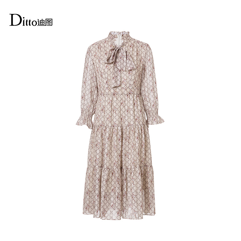 迪图法式优雅气质印花连衣裙