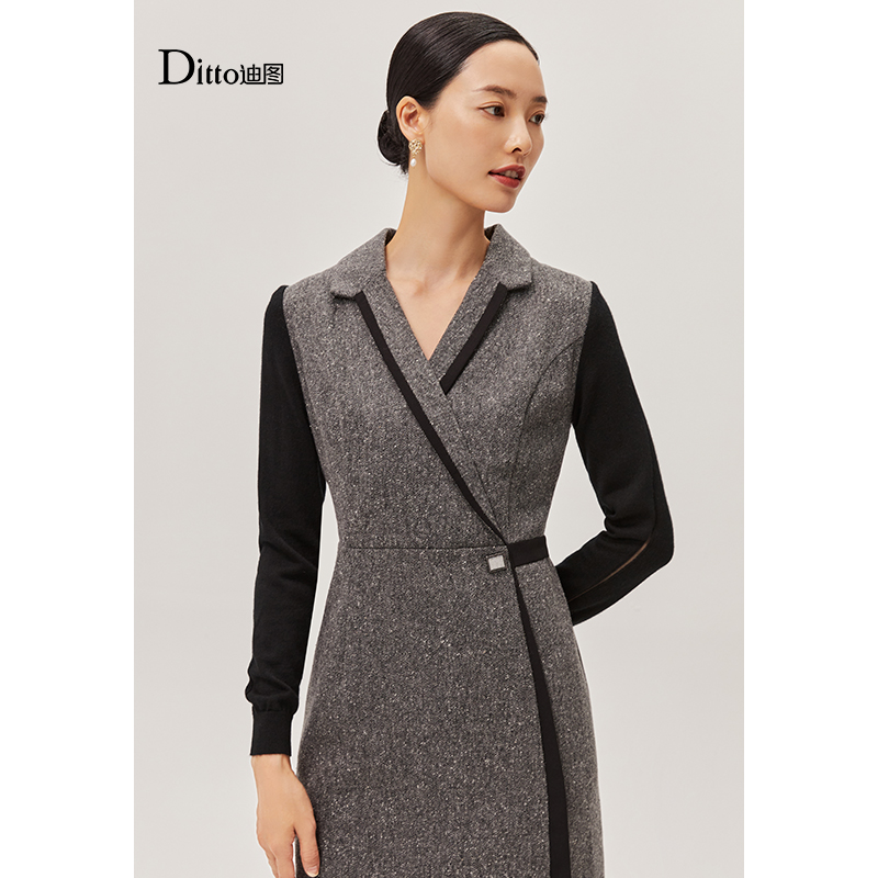 迪图轻商务羊毛针织拼接连衣裙