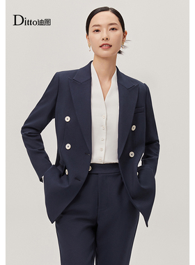 迪图藏蓝色西装外套女正式场合职业套装优雅OL职场双排扣正装西服