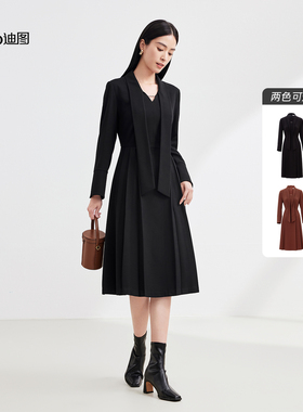 迪图2025新款双面磨绒黑色连衣裙女简约气质修身显瘦秋冬连衣裙