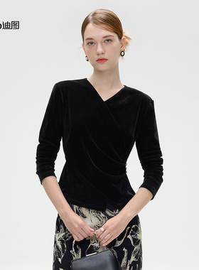 Ditto/迪图2025秋季新款气质高级质感初秋上衣V领黑色丝绒上衣女