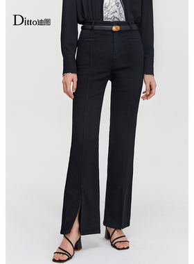 复古黑色牛仔裤女优雅通勤修身显瘦小个子四面弹百搭开叉微喇裤子