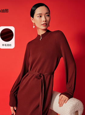 迪图本命年红色连衣裙秋冬新款圣诞氛围感穿搭半高领羊毛针织裙子
