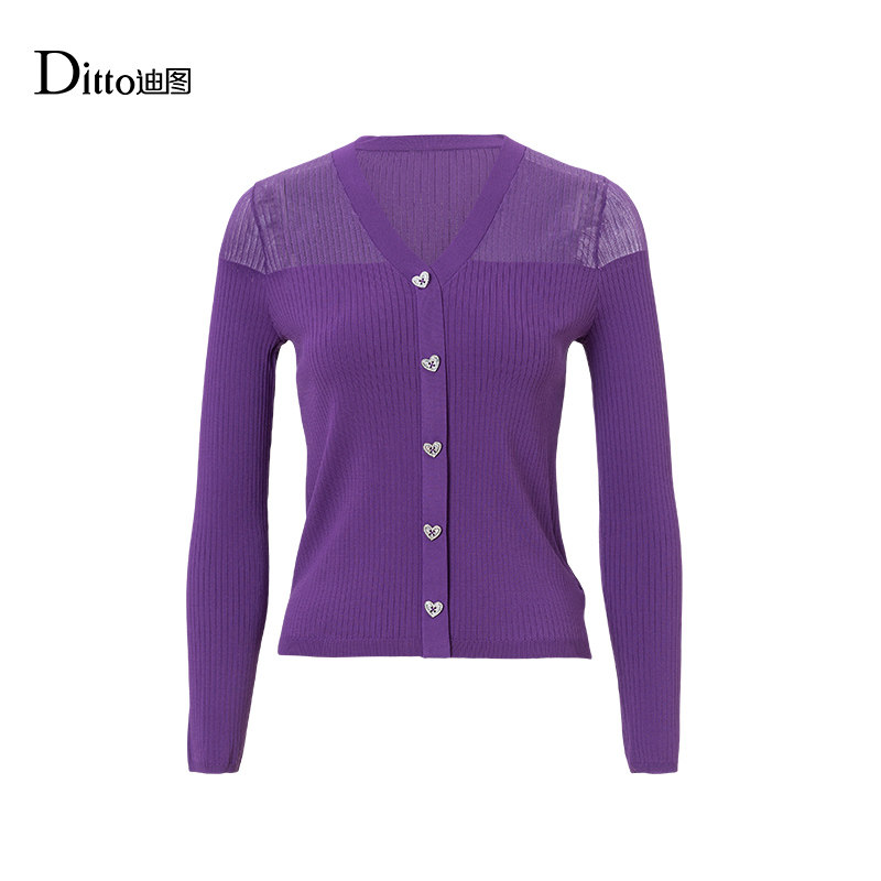 迪图气质优雅V领镂空针织衫