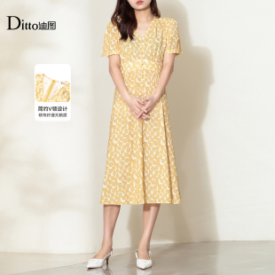 法式 新款 度假碎花收腰气质黄色茶歇连衣裙女 迪图2025秋季 Ditto