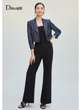 迪图黑色百搭高腰微喇裤女春秋新款优雅职场OL醋酸休闲西装裤