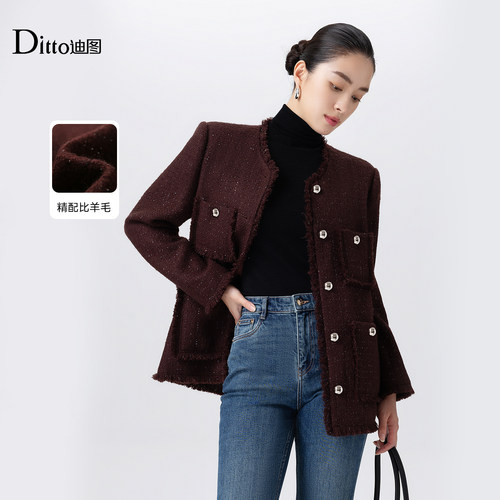ditto粗花呢羊毛小香风外套女秋