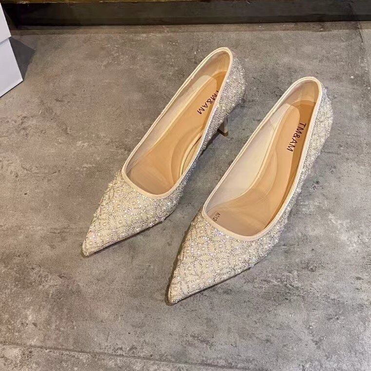 水钻珍珠高跟鞋2025新款高级感伴娘不累脚婚纱婚鞋细跟单鞋软底女