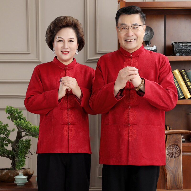 中老年唐装男秋冬长袖爸妈婚礼服老人过寿生日爷爷奶奶棉衣情侣装