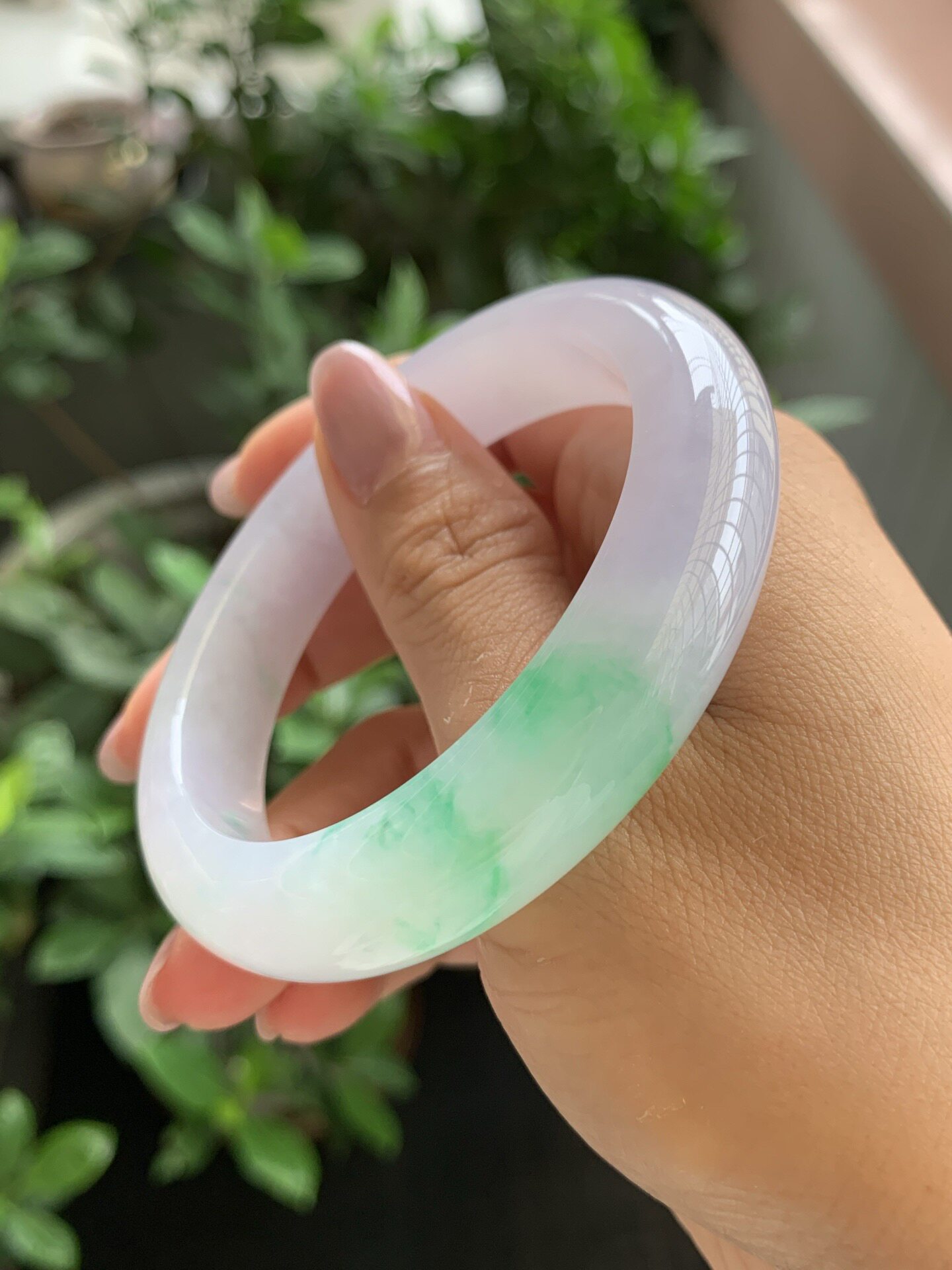 【小陈翡翠】缅甸天然翡翠A货冰粉紫底飘绿花春彩55正圈翡翠手镯