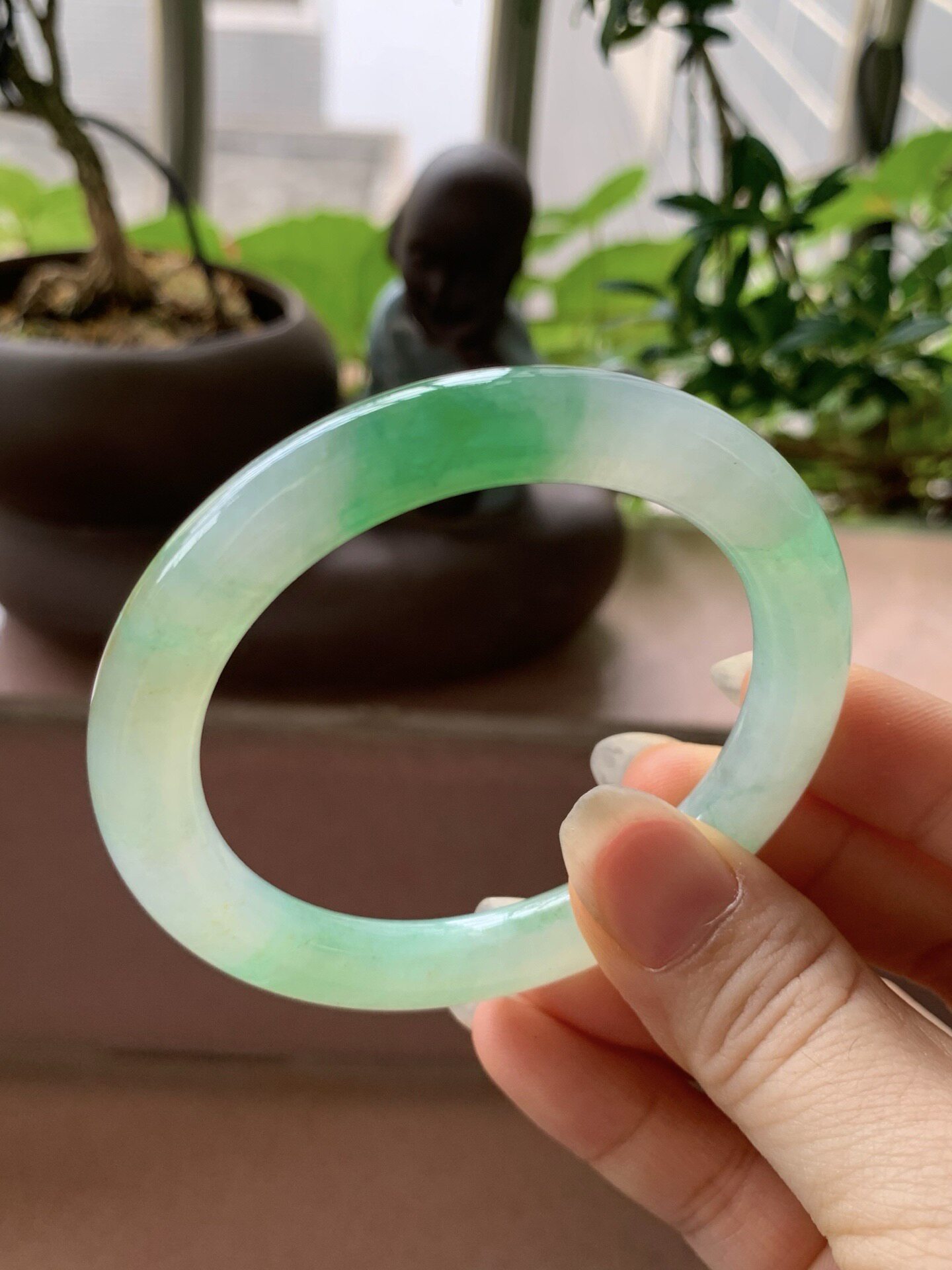 【小陈翡翠】缅甸天然翡翠A货飘阳绿飘浅黄52-53圆条翡翠手镯
