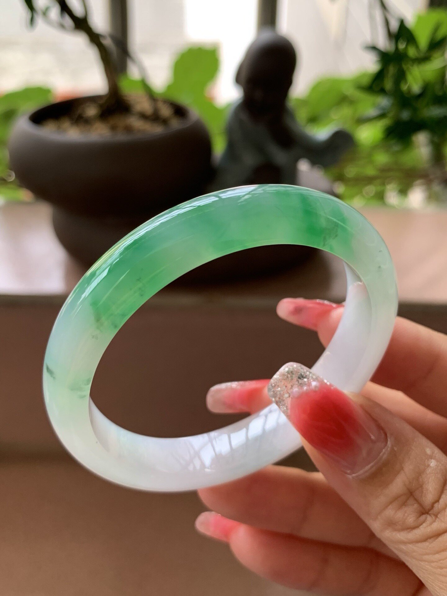 【小陈翡翠】缅甸天然翡翠A货冰飘阳绿花52-53贵妃翡翠手镯