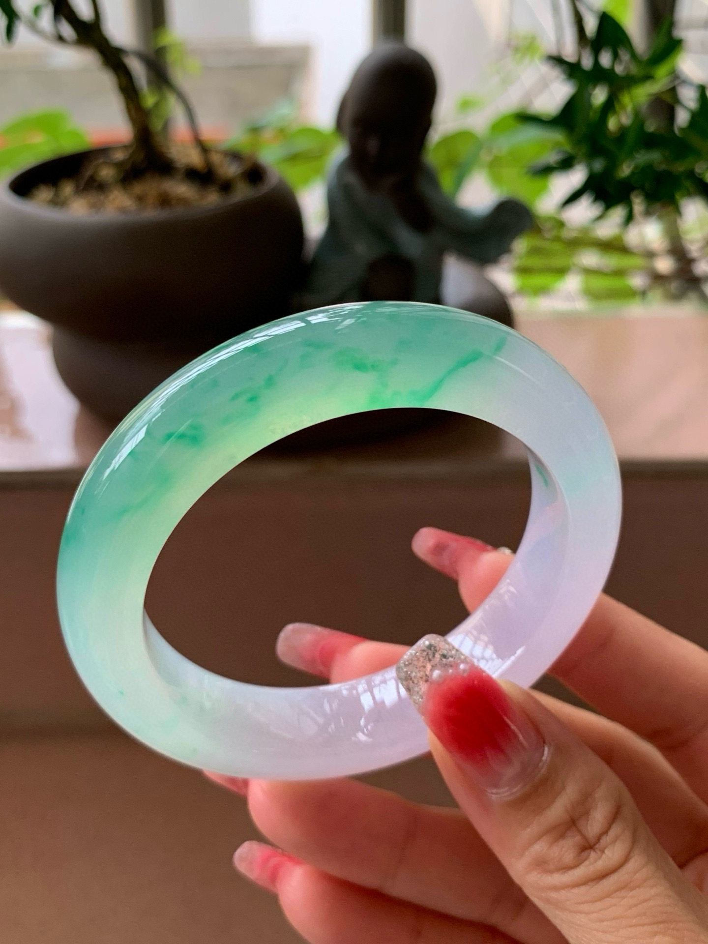 【小陈翡翠】缅甸天然翡翠A货冰紫飘绿花冰春彩54正圈翡翠手镯