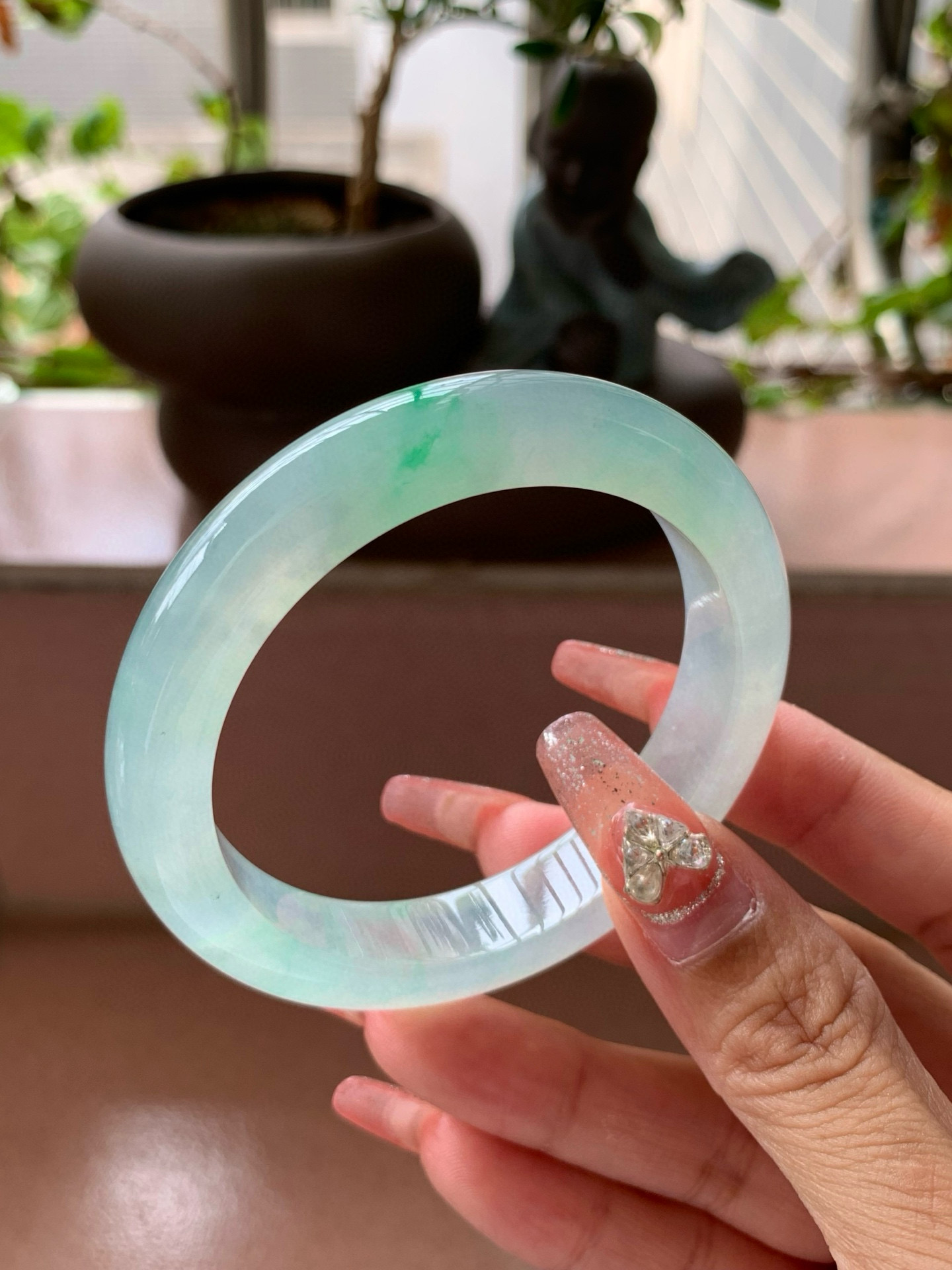 【小陈翡翠】缅甸天然翡翠a货冰飘绿花53正圈翡翠手镯