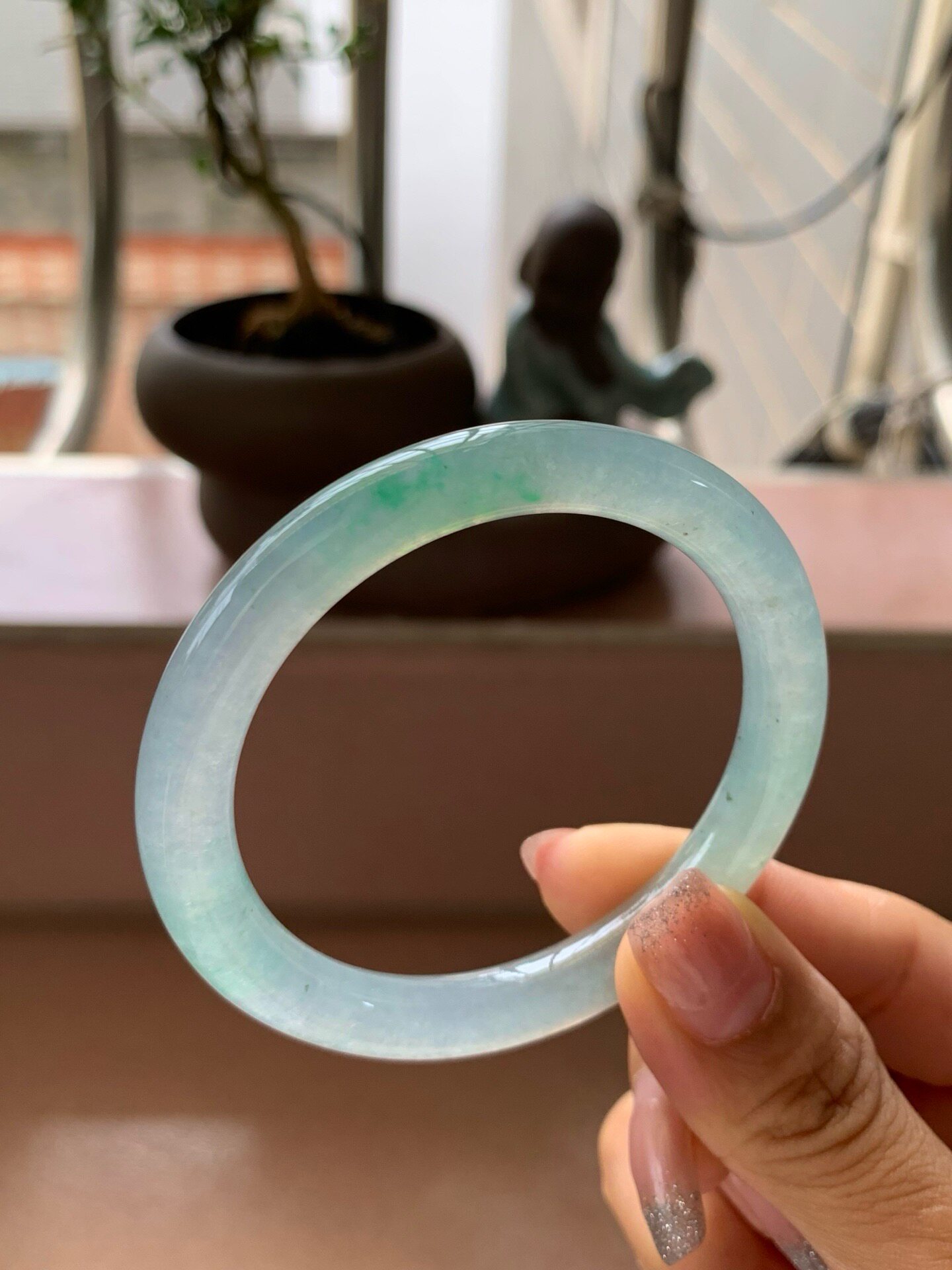 【小陈翡翠】缅甸天然翡翠A货冰飘绿花50-51小圈口圆条翡翠手镯图片