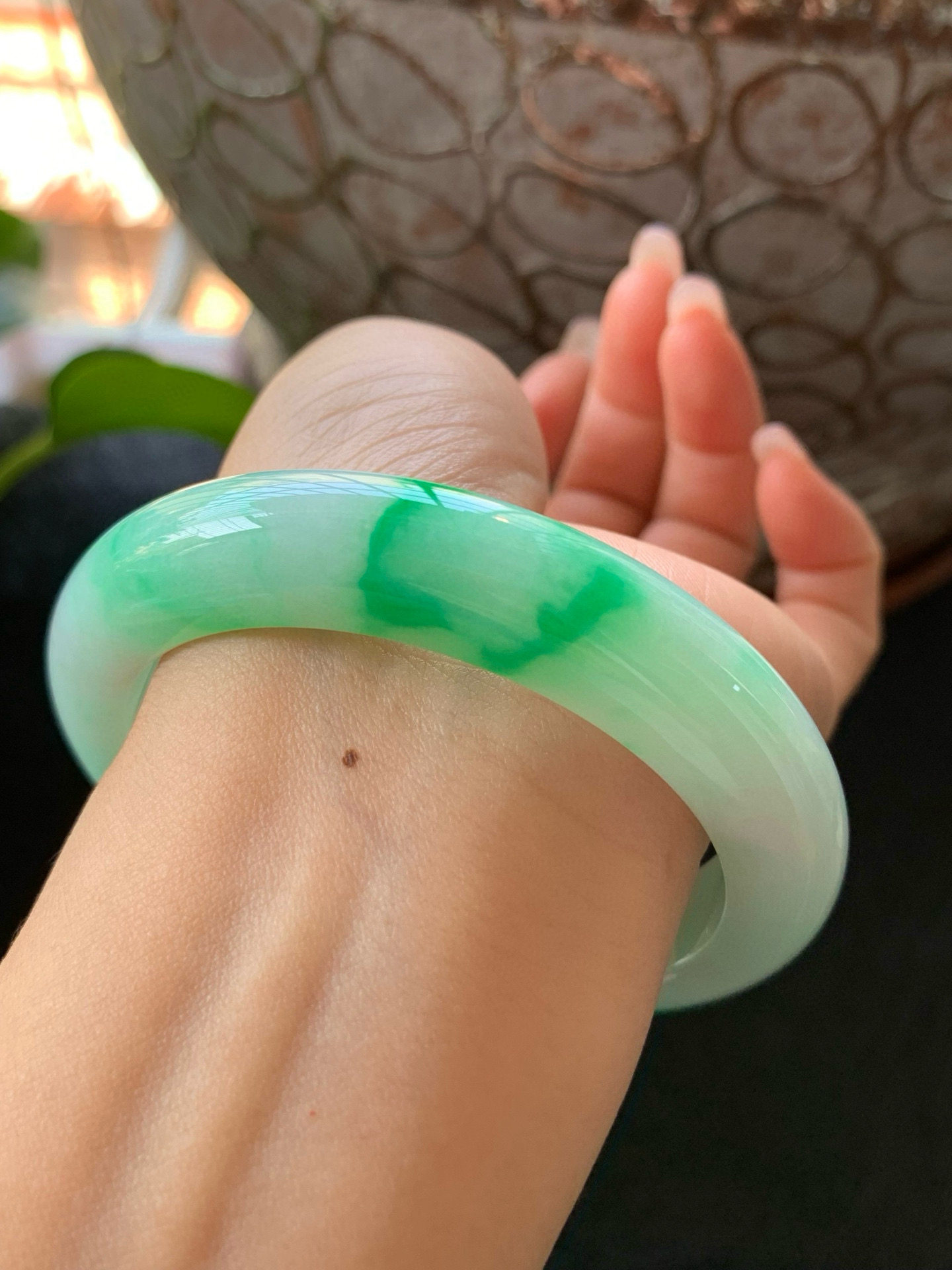 【小陈翡翠】缅甸天然翡翠A货冰飘阳绿花59-60大圈口正圈翡翠手镯