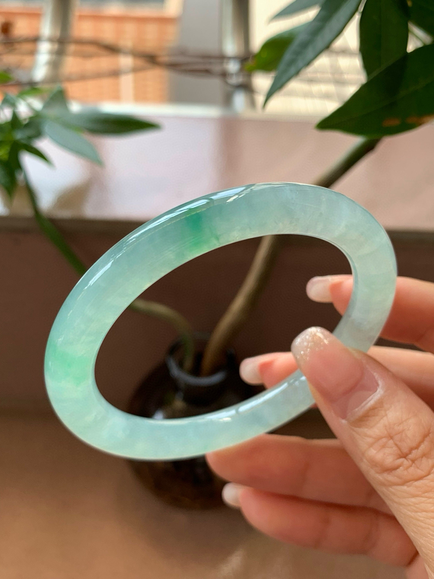 【小陈翡翠】缅甸天然翡翠A货冰润飘绿花54-55圆条翡翠手镯