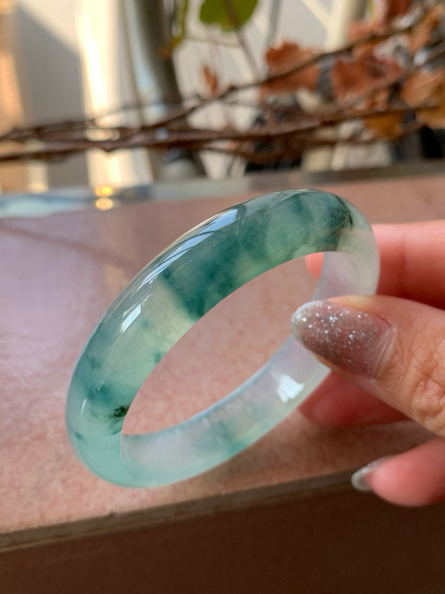 【小陈翡翠】缅甸天然翡翠a货冰种飘蓝花53-54贵妃翡翠手镯