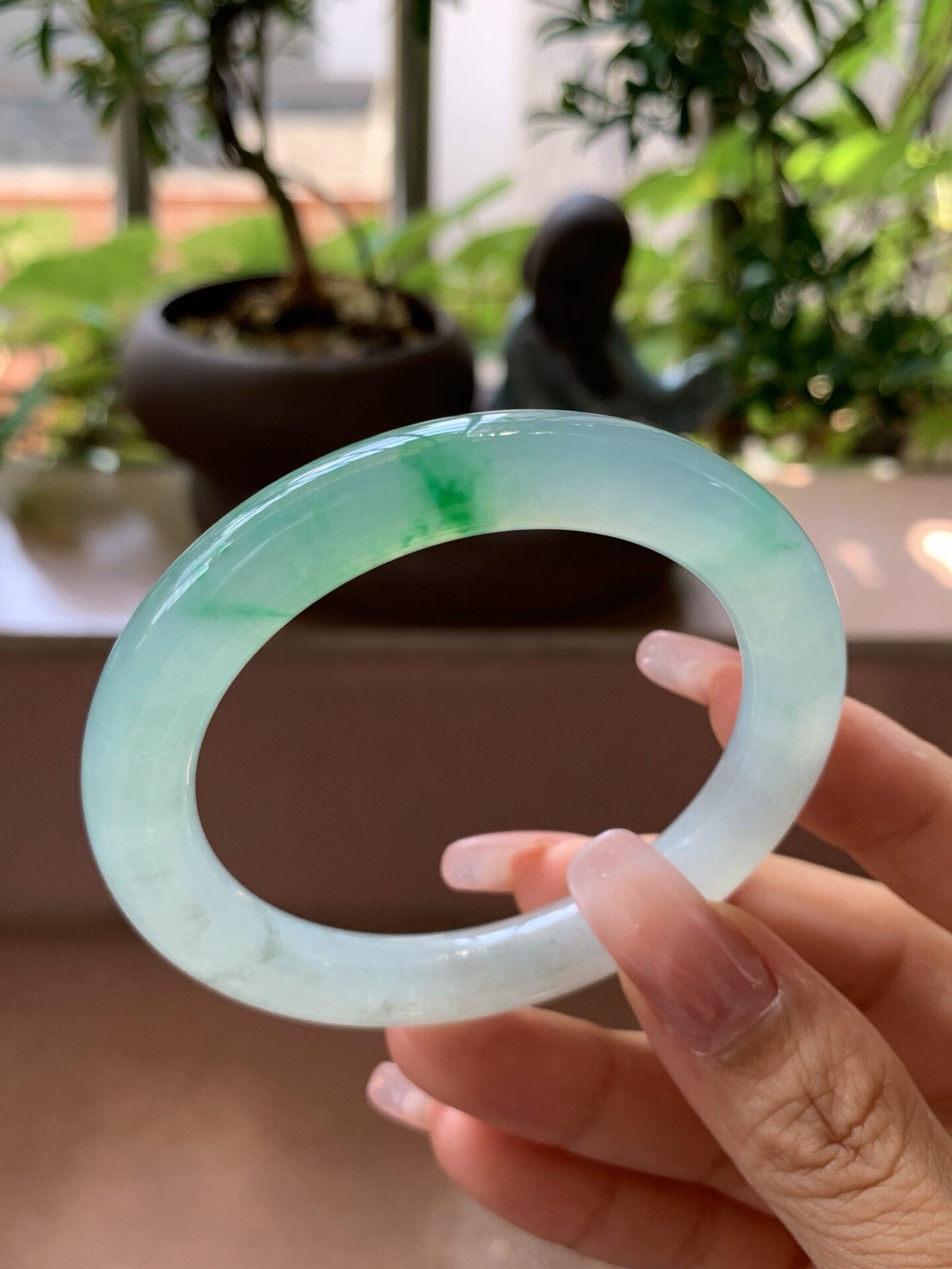 【小陈翡翠】缅甸天然翡翠A货冰飘绿花51圆条翡翠手镯