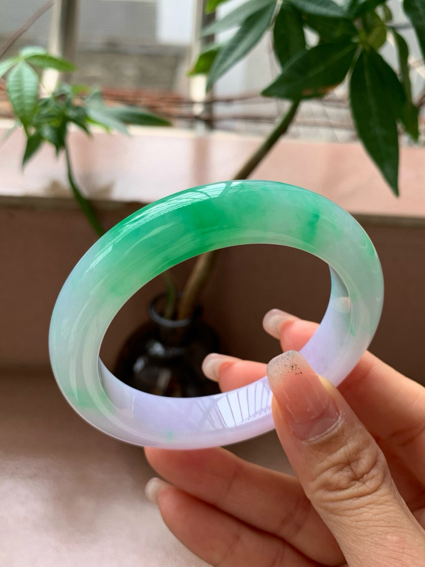 【小陈翡翠】缅甸天然翡翠A货春彩紫罗兰飘阳绿花54正圈翡翠手镯