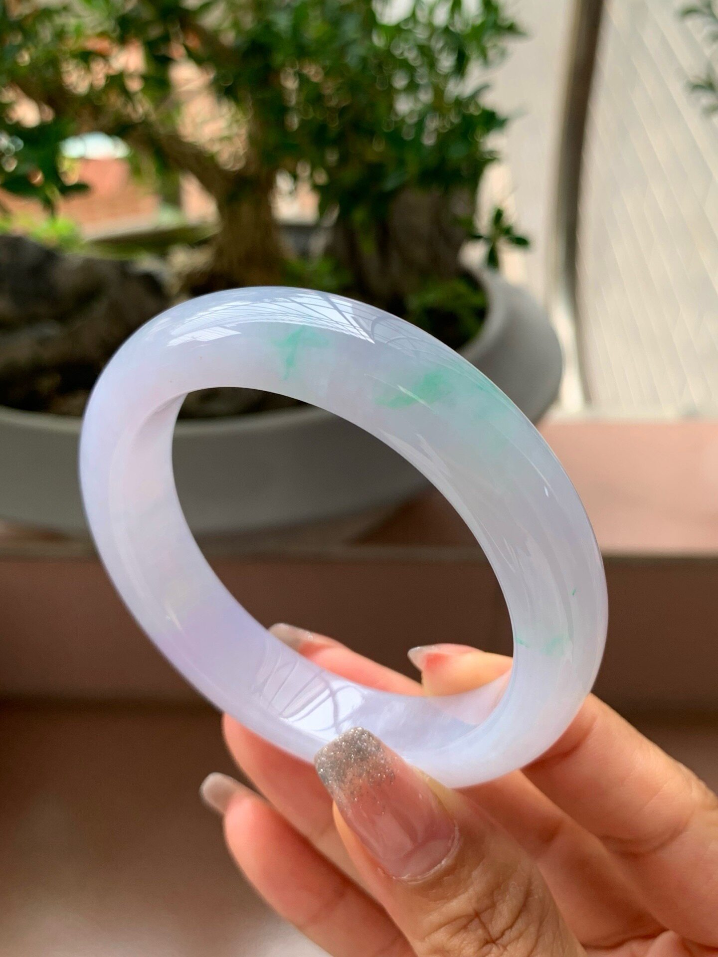 【小陈翡翠】缅甸天然翡翠A货春彩粉紫底飘绿花54-55正圈翡翠手镯