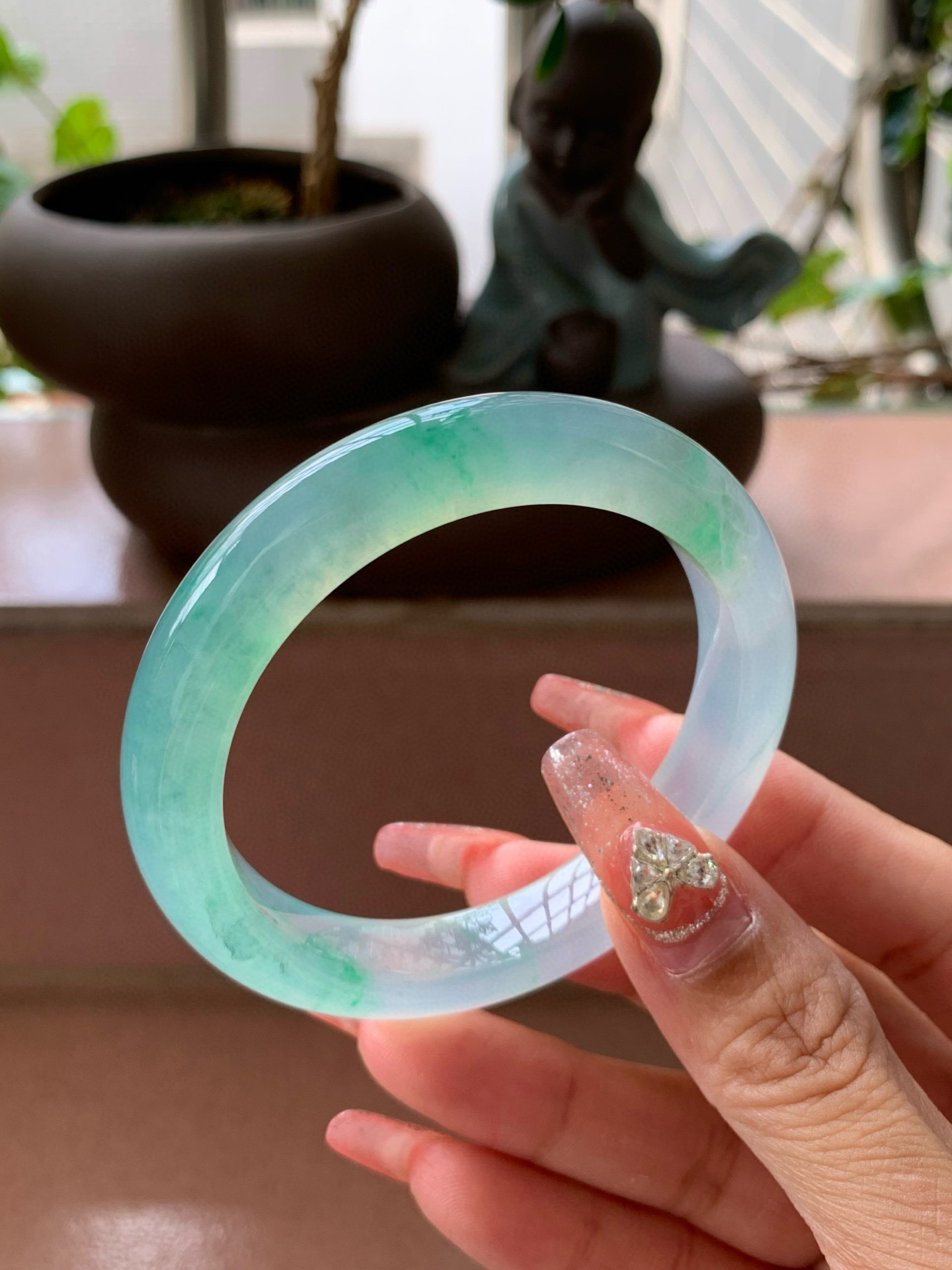 【小陈翡翠】缅甸天然翡翠a货冰飘绿花53正圈翡翠手镯