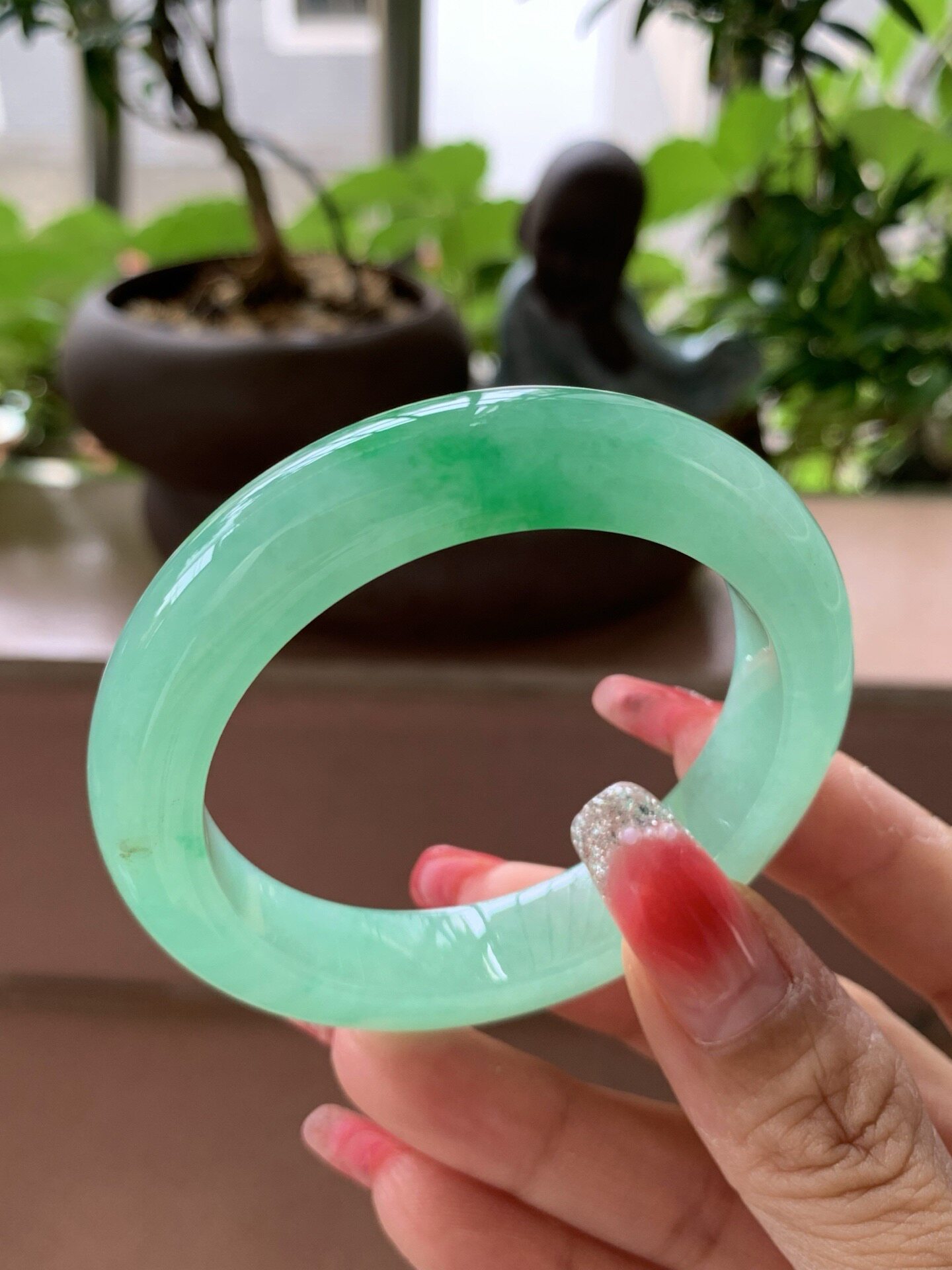 【小陈翡翠】缅甸天然翡翠A货冰甜绿飘绿花50-51小圈正圈翡翠手镯