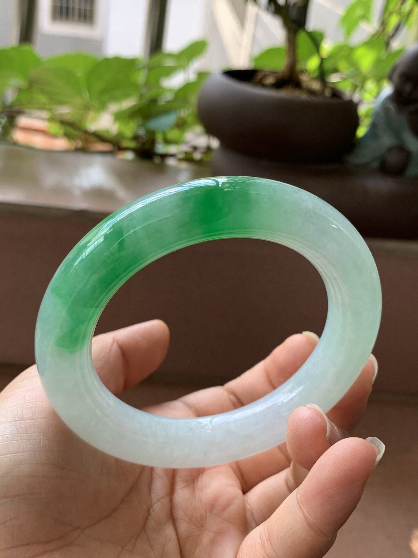【小陈翡翠】缅甸天然翡翠A货冰飘阳绿58圆条翡翠手镯