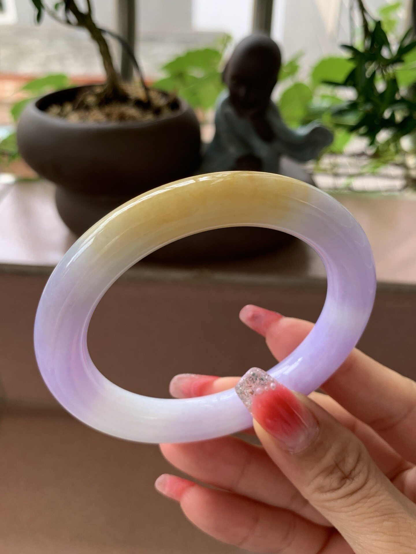 【小陈翡翠】缅甸天然翡翠A货紫罗兰飘黄翡双彩55-56圆条翡翠手镯