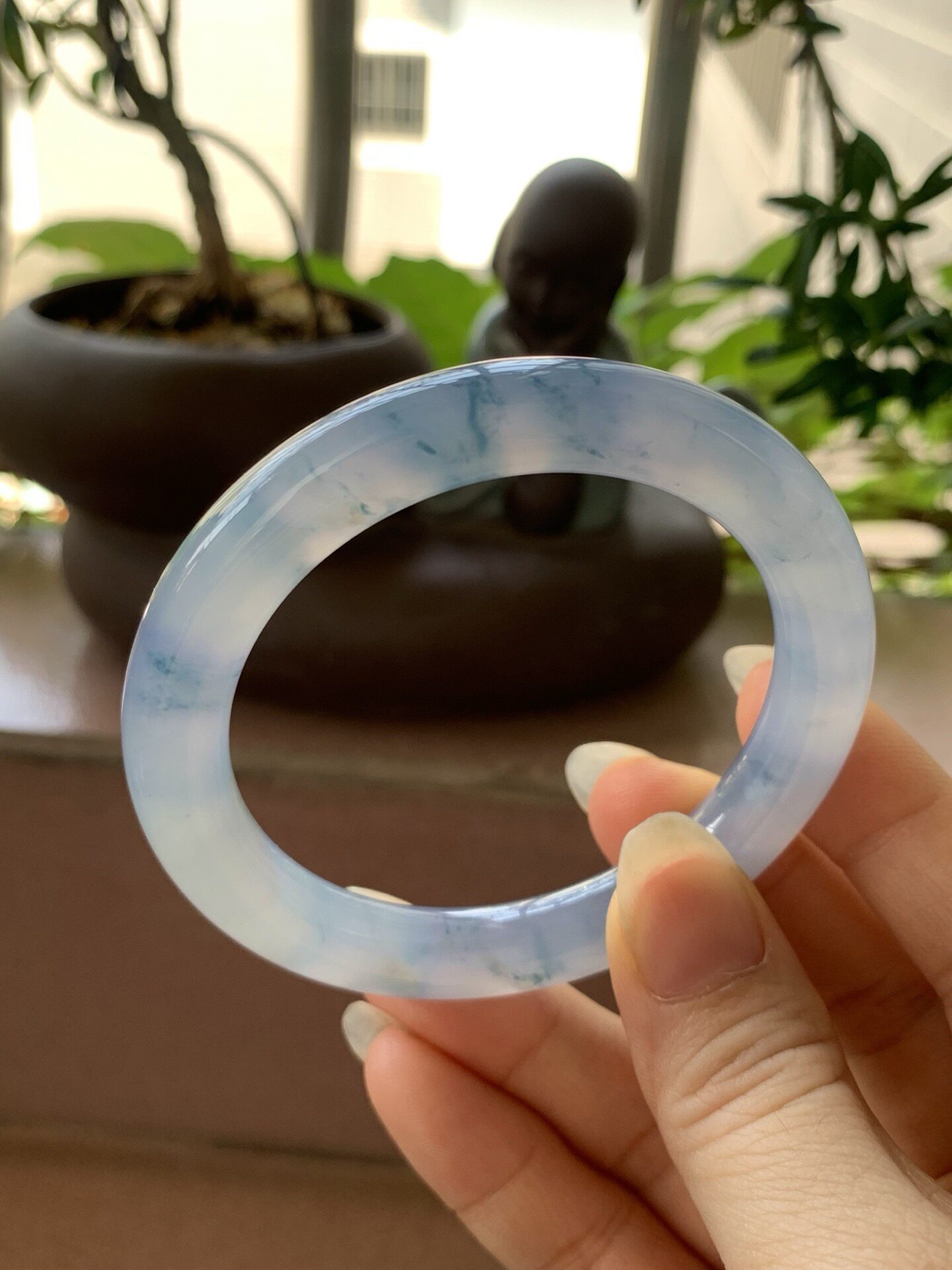 【小陈翡翠】缅甸天然翡翠A货冰蓝紫飘兰花莫奈花园54圆条手镯