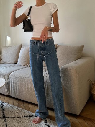 25新pepamack同款 进口面料复古中腰毛边腰头  双腰带水洗牛仔裤