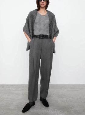 Totem*同款秋冬新款 宽腰羊毛收褶休闲西裤 垂坠感高腰阔腿小脚长