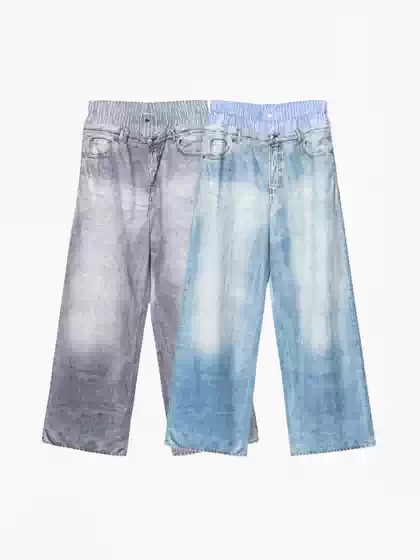 Air sensitive lightweight AC 25ss double waist spliced blue jeans, personalized fake, two 3D printed personalized pants