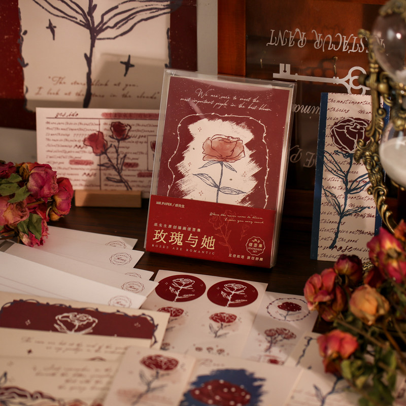 玫瑰与她信签集创意手绘明信片信纸diy手账本ins学生素材祝福卡