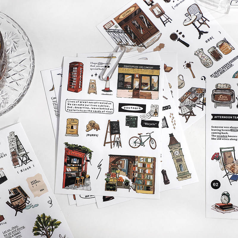 me速写旅行日记贴纸 复古英文面包diy手帐素材装饰贴画2张