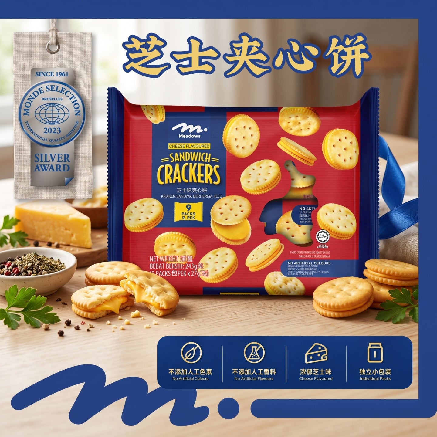 香港惠康出品Meadows芝士夹心饼干243g独立9小包下午茶点心奶酪饼