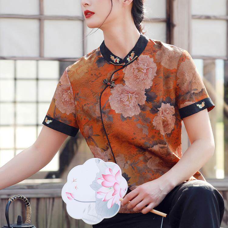 断码清仓特价 新中式真丝香云纱衬衣女 桑蚕丝短袖上衣红云纱夏