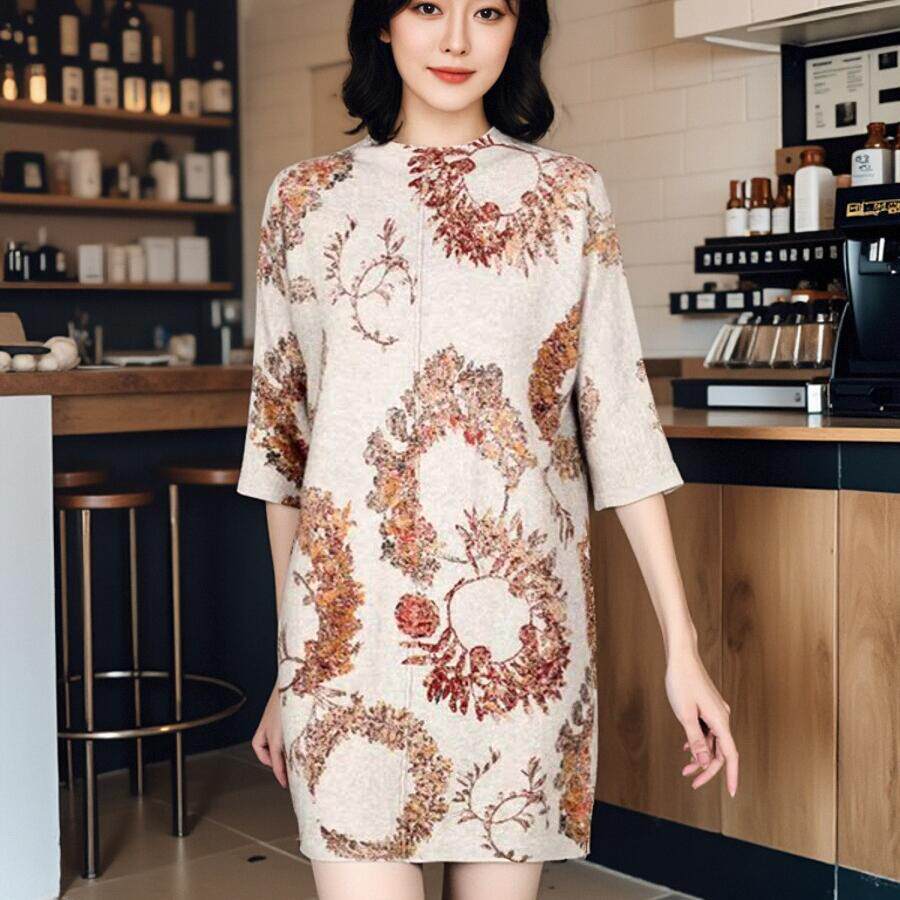 长袖毛衣纯羊绒印花圆领