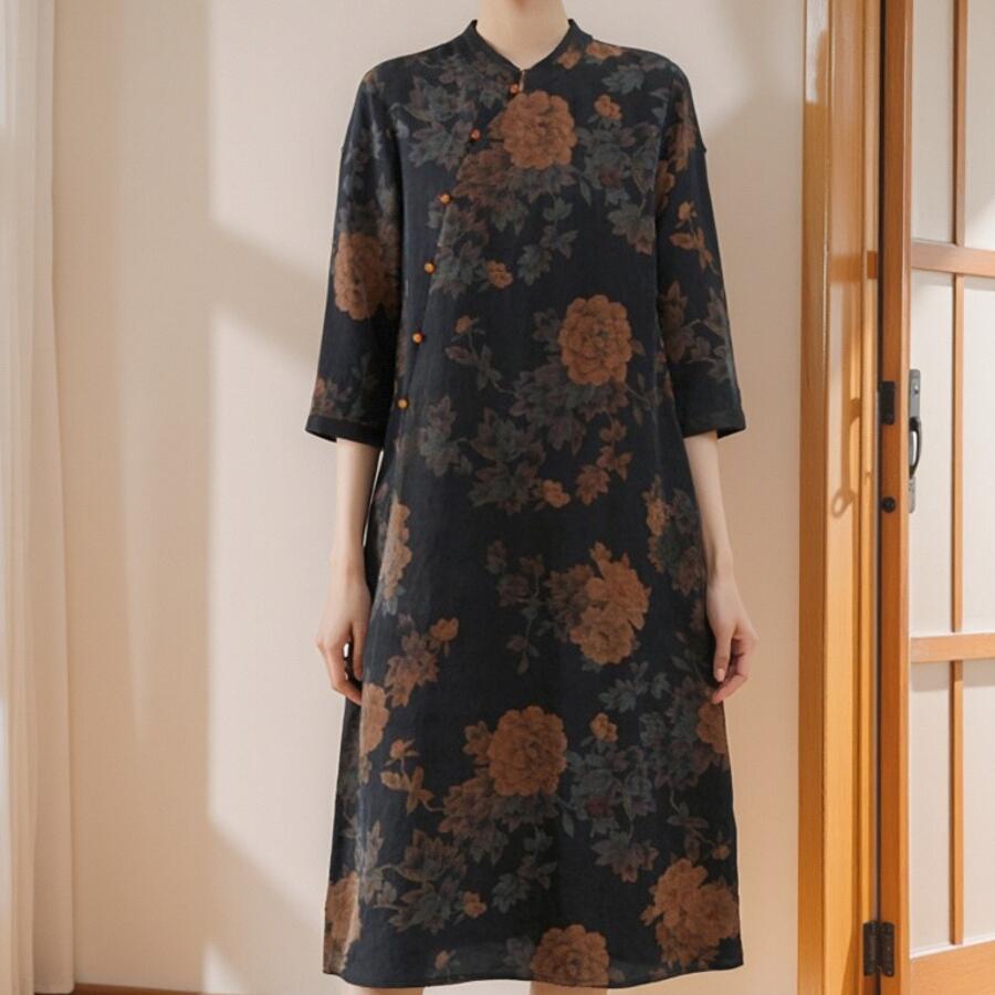 断码特价 真丝龟纹香云纱连衣裙女改良旗袍桑蚕丝印花丝绸长裙夏