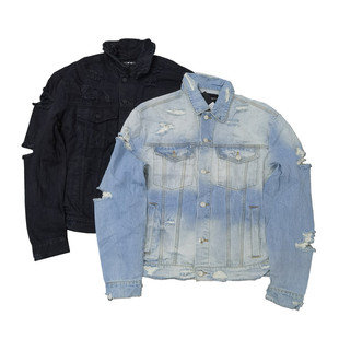 小众街头文化潮流前后破坏拉丝乞丐即视感嘻哈短装牛仔夹克Y353男
